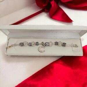 Swarovski Elements Charm Bracelet Horseshoe Silver Tone Beads Crescent Box Lucky